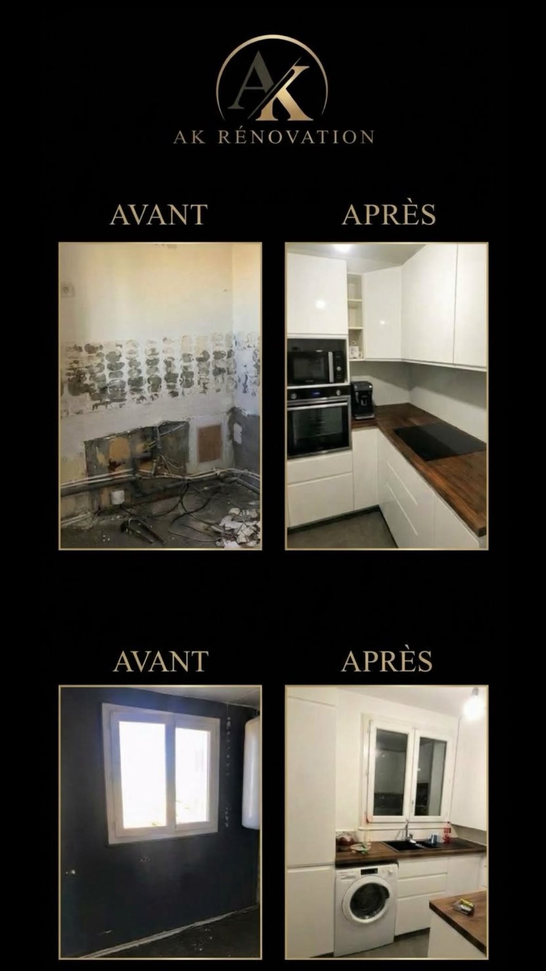 Deux cuisines blanches à plan de travail bois, avant et après travaux
