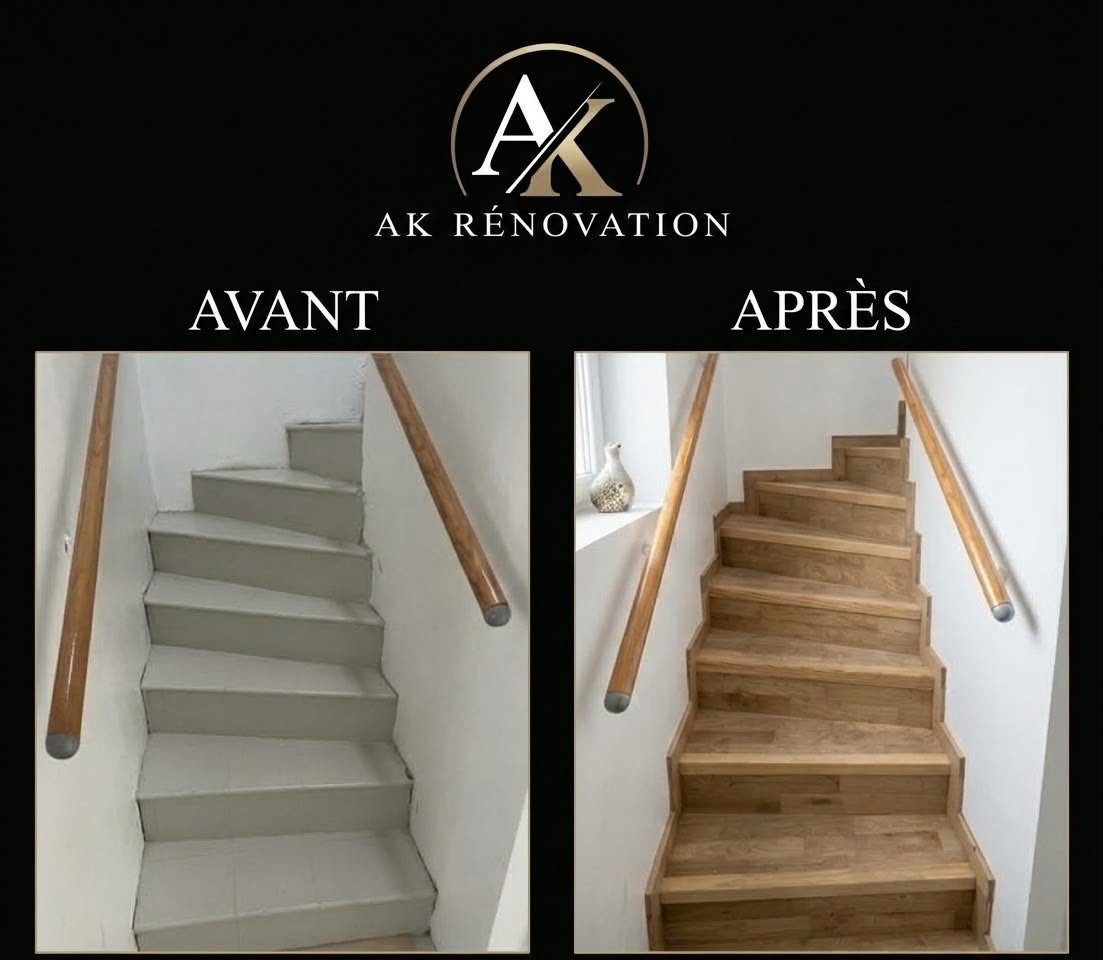 Escalier avant et après travaux, marches habillées de parquet